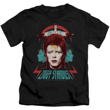 Black kid's t-shirt for ages 4 to 7 with David Bowie Ziggy Heads graphic