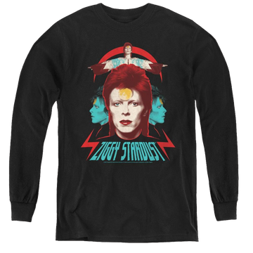 Black youth long sleeve t-shirt with David Bowie Ziggy Heads graphic