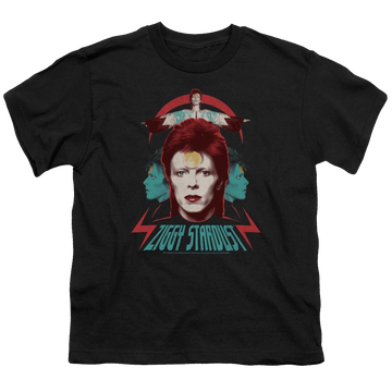 Black youth t-shirt for ages 8 to 12 with David Bowie Ziggy Heads graphic