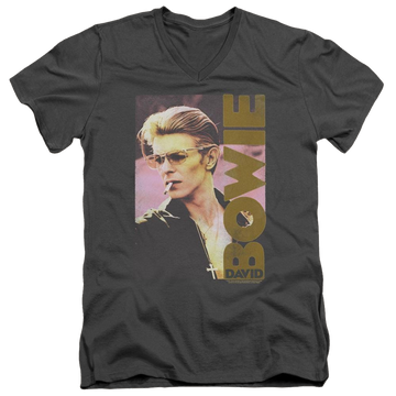 Charcoal men's v-neck t-shirt with David Bowie Smokin graphic