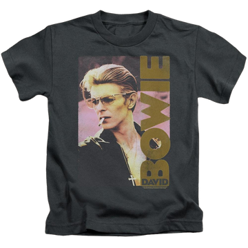 Charcoal kid's t-shirt for ages 4 to 7 with David Bowie Smokin graphic