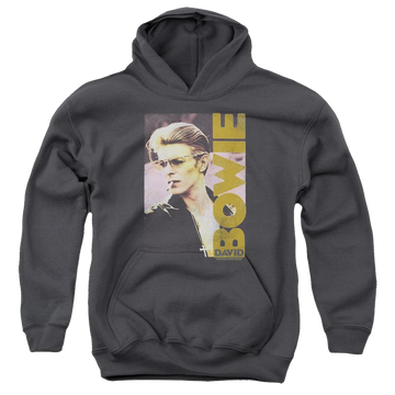 Charcoal youth hoodie for ages 8 to 12 with David Bowie Smokin graphic