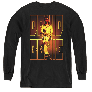 Black youth long sleeve t-shirt with David Bowie Perched graphic