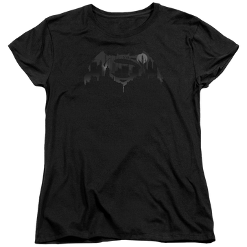 Black women's t-shirt with Batman v Superman Cityscape Logo graphic