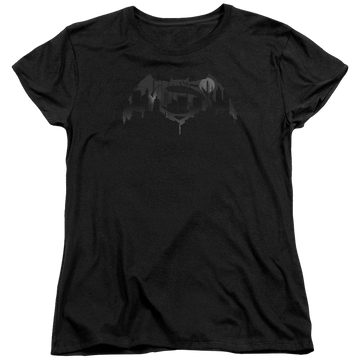 Black women's t-shirt with Batman v Superman Cityscape Logo graphic
