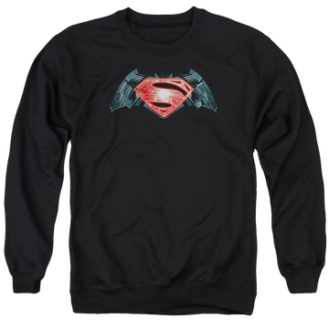 Black men's crewneck sweatshirt with Batman v Superman Industrial Logo graphic