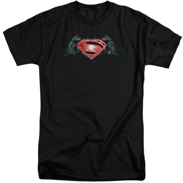 Black men's tall fit t-shirt with Batman v Superman Industrial Logo graphic
