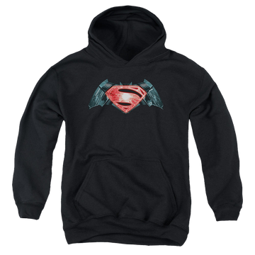 Black youth hoodie for ages 8 to 12 with Batman v Superman Industrial Logo graphic