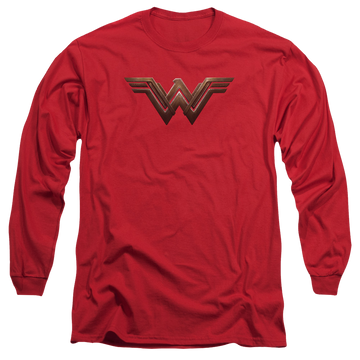 Red men's long sleeve t-shirt with Batman v Superman Ww Shield graphic