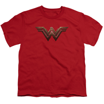 Red youth t-shirt for ages 8 to 12 with Batman v Superman Ww Shield graphic