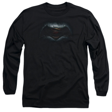 Black men's long sleeve t-shirt with Batman v Superman Logo graphic