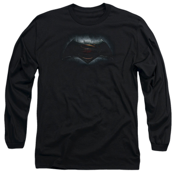 Black men's long sleeve t-shirt with Batman v Superman Logo graphic
