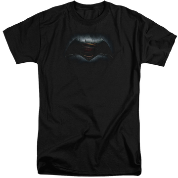 Black men's tall fit t-shirt with Batman v Superman Logo graphic