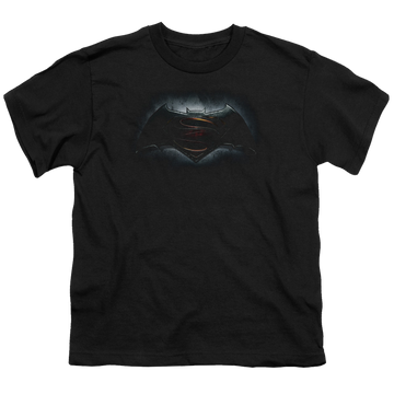 Black youth t-shirt for ages 8 to 12 with Batman v Superman Logo graphic