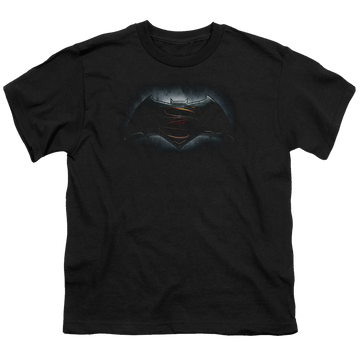 Black youth t-shirt for ages 8 to 12 with Batman v Superman Logo graphic