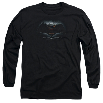 Black men's long sleeve t-shirt with Batman v Superman Logo graphic