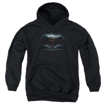 Black youth hoodie for ages 8 to 12 with Batman v Superman Logo graphic
