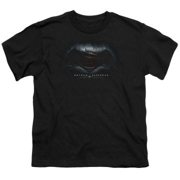 Black youth t-shirt for ages 8 to 12 with Batman v Superman Logo graphic