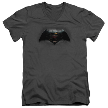 Charcoal men's v-neck t-shirt with Batman v Superman Logo graphic