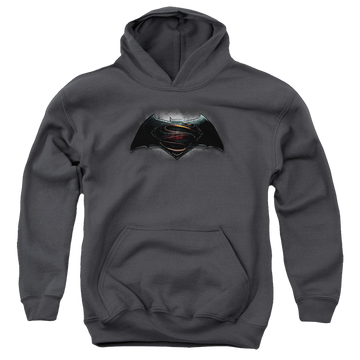 Charcoal youth hoodie for ages 8 to 12 with Batman v Superman Logo graphic