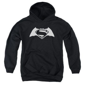 Black youth hoodie for ages 8 to 12 with Batman v Superman Simple Logo graphic