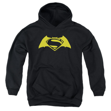 Black youth hoodie for ages 8 to 12 with Batman v Superman Simple Logo graphic