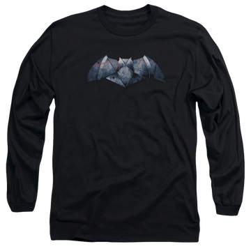 Black men's long sleeve t-shirt with Batman v Superman Plated Bat Logo graphic