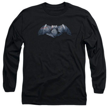 Black men's long sleeve t-shirt with Batman v Superman Plated Bat Logo graphic