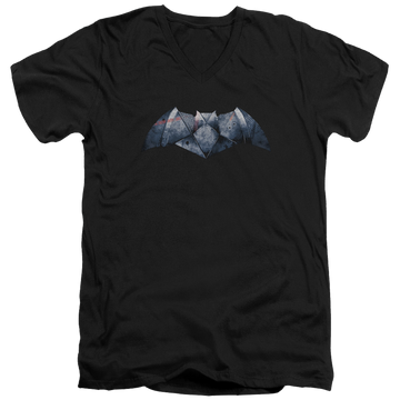 Black men's v-neck t-shirt with Batman v Superman Plated Bat Logo graphic