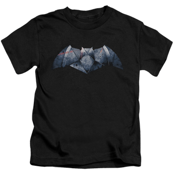 Black kid's t-shirt for ages 4 to 7 with Batman v Superman Plated Bat Logo graphic