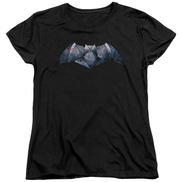 Black women's t-shirt with Batman v Superman Plated Bat Logo graphic