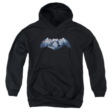 Black youth hoodie for ages 8 to 12 with Batman v Superman Plated Bat Logo graphic