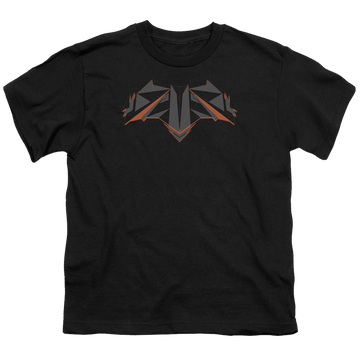 Black youth t-shirt for ages 8 to 12 with Batman v Superman Tech Bat Logo graphic