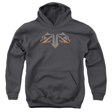 Charcoal youth hoodie for ages 8 to 12 with Batman v Superman Tech Bat Logo graphic