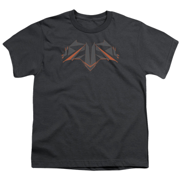 Charcoal youth t-shirt for ages 8 to 12 with Batman v Superman Tech Bat Logo graphic
