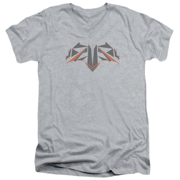 Athletic heather men's v-neck t-shirt with Batman v Superman Tech Bat Logo graphic