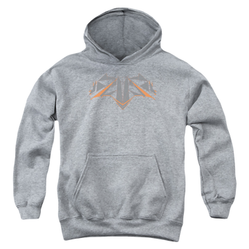 Athletic heather youth hoodie for ages 8 to 12 with Batman v Superman Tech Bat Logo graphic