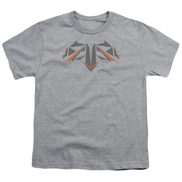 Athletic heather youth t-shirt for ages 8 to 12 with Batman v Superman Tech Bat Logo graphic