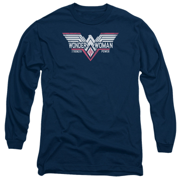 Navy men's long sleeve t-shirt with Batman v Superman Thunder Logo graphic