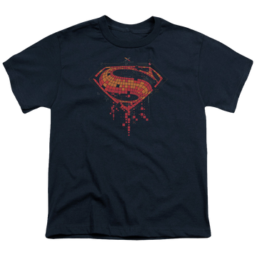 Navy youth t-shirt for ages 8 to 12 with Batman v Superman Tech Super Logo graphic