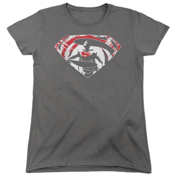 Charcoal women's t-shirt with Batman v Superman Super Splatter Logo graphic