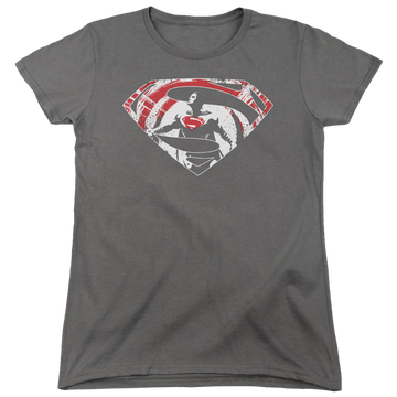 Charcoal women's t-shirt with Batman v Superman Super Splatter Logo graphic