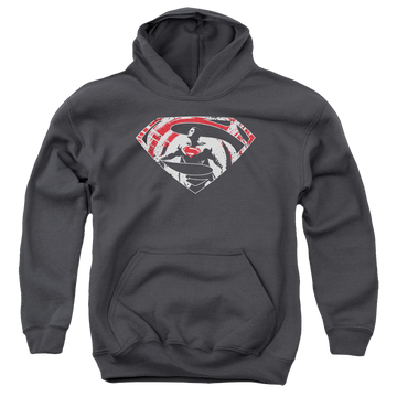 Charcoal youth hoodie for ages 8 to 12 with Batman v Superman Super Splatter Logo graphic