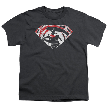 Charcoal youth t-shirt for ages 8 to 12 with Batman v Superman Super Splatter Logo graphic