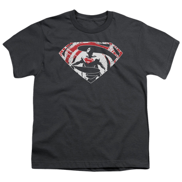 Charcoal youth t-shirt for ages 8 to 12 with Batman v Superman Super Splatter Logo graphic
