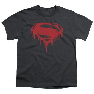 Charcoal youth t-shirt for ages 8 to 12 with Batman v Superman Splattered graphic