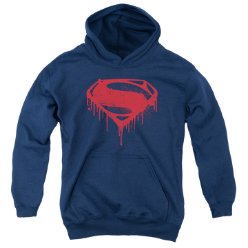 Navy youth hoodie for ages 8 to 12 with Batman v Superman Splattered graphic