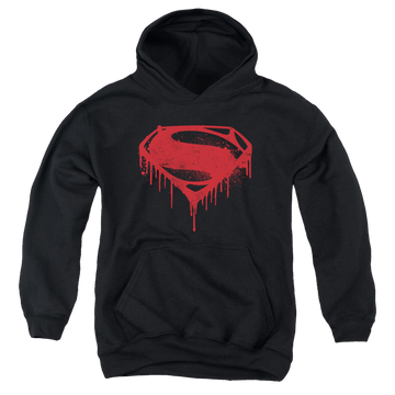 Black youth hoodie for ages 8 to 12 with Batman v Superman Splattered graphic