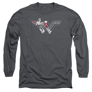 Charcoal men's long sleeve t-shirt with Batman v Superman Wonder Splatter Logo graphic