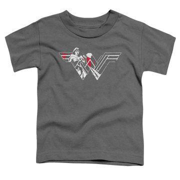 Charcoal kid's t-shirt for ages 4 to 7 with Batman v Superman Wonder Splatter Logo graphic